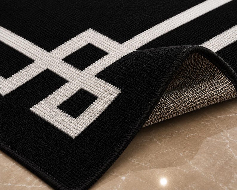 Modern Greek Key Area Rug • Minimalist Black White Geometric Carpet image 8