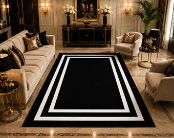 Modern Black White Border Rug, Nordic Linear Frame Carpet, High Contrast Living Room