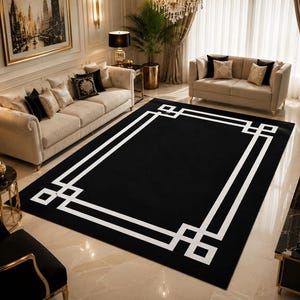 Modern Greek Key Area Rug • Minimalist Black White Geometric Carpet image 3