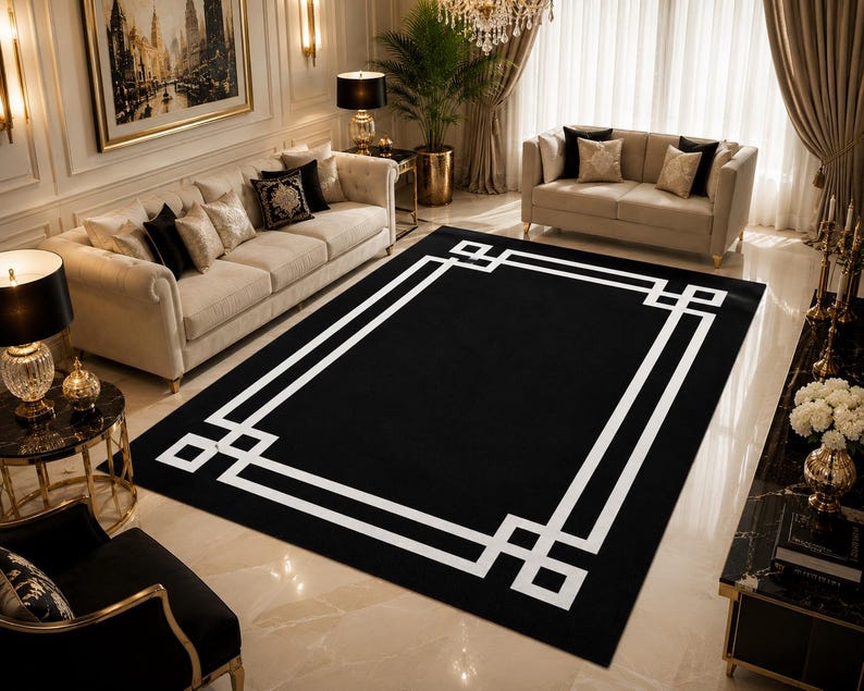 Modern Greek Key Area Rug • Minimalist Black White Geometric Carpet image 3