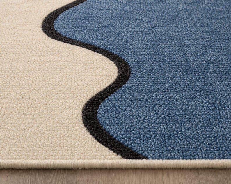 Abstrakter, wellenförmiger Teppich, Patina-Blau-Creme-Teppich, moderne Flüssig-Fußmatte Bild 3