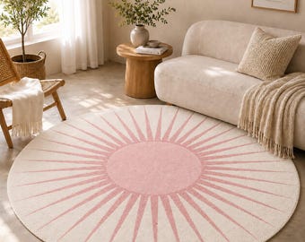 Runder Teppich mit Sonnenmuster in Rosa und Creme, Boho-Chic-Schlafzimmerteppich, moderne Luxus-Wolldekoration