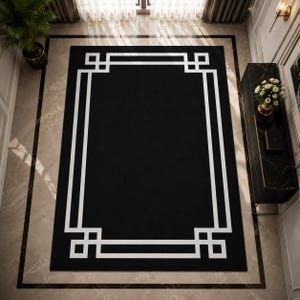 Modern Greek Key Area Rug • Minimalist Black White Geometric Carpet image 2