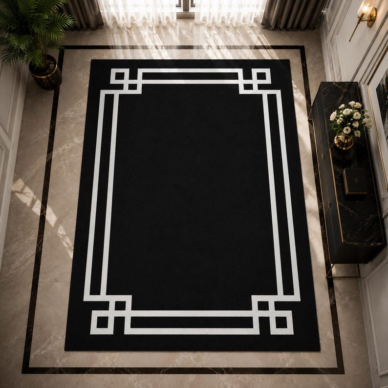 Modern Greek Key Area Rug • Minimalist Black White Geometric Carpet image 2