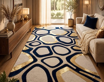 Navy Blue Gold Abstract Area Rug, Modern Geometric Living Room Carpet