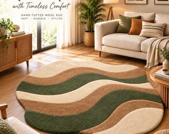 Hand-Tufted Wool Area Rug, Abstract Wave Design, Boho Living Room Decor