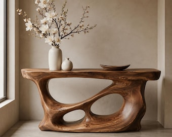 Consoletafel biologisch hout, sculpturale haltafel, moderne houten gangtafel, luxe minimalistische banktafel, handgemaakt decor