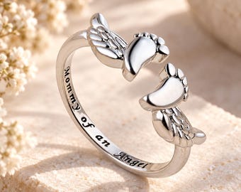 Mommy of an Angel Ring, Miscarriage Gift for Mom, Pregnancy Loss Memorial Jewelry, Sympathy Gift for Loss of Baby, Angel Wing Footprint Ring