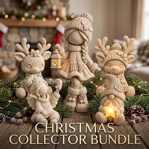 May include: A set of four beige, knit-textured figurines including a girl with a lantern, a seated angel, a reindeer, and a gnome holding a star. The figures are arranged on a wooden surface with pine branches. Text reads: CHRISTMAS COLLECTOR BUNDLE.