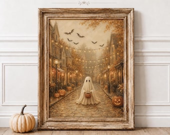May include: A framed wall art print titled Pure Vintage Print Co depicting a ghost holding a jack-o'-lantern on a cobblestone street lined with autumn trees, string lights, and buildings, accompanied by a single real pumpkin on the floor.