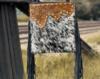 Cowhide Leather crossbody Bag, Hand Tooled Floral Western Handbag, Cow Print Shoulder Bag, Boho Leather Tote, Tolled Patterns