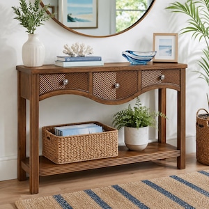 Wood Console Table with Drawers and Shelf Coastal Entryway Sofa Table for Living Room Hallway Decor