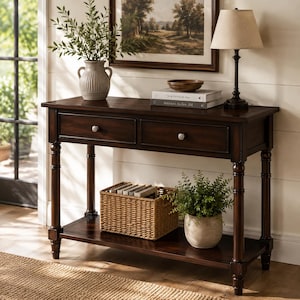 Può includere: Un tavolo console in legno marrone scuro con due cassetti, ciascuno dotato di un piccolo pomello rotondo. Il tavolo ha quattro gambe tornite e un ripiano inferiore. Sulla superficie si trovano un vaso in ceramica a coste e una lampada.