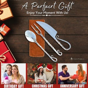May include: A silver-toned metal spoon, a two-pronged fork, and a wide knife, each featuring a twisted handle with a curled end. The text A Perfect Gift and Enjoy Your Moment With Us is visible at the top, with Amber Forge at the bottom right.