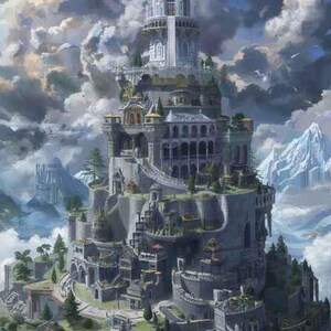 Floating Castle Cliff Fantasy Print: White Stone Palace Above Clouds