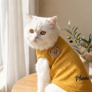 以下が含まれることがあります： オレンジ色の目をした白い猫が、マスタードイエローのリブ編みのペット用ベストを着用しています。ベストの胸元には小さな茶色のふわふわしたクマの顔のワッペンがあり、裾の近くには黒い筆記体でPhoebeという名前が刺繍されています。
