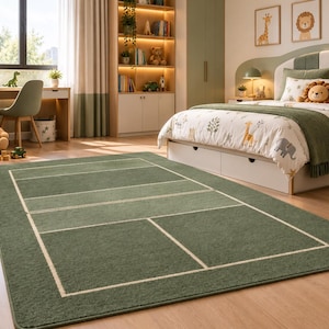 Green Sports Hand Tufted Rug, Modern Geometric Area Carpet, Rectangular Sage Green Court Pattern Rug, Minimalist Living Room Floor Decor