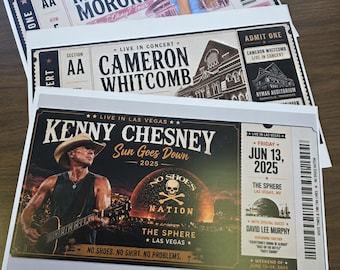 Può includere: Tre biglietti per concerti rettangolari con Megan Moroney, Cameron Whitcomb e Kenny Chesney. I biglietti mostrano i nomi degli artisti, le date, luoghi come The Sphere a Las Vegas e il Ryman Auditorium, codici a barre e dettagli della sezione.
