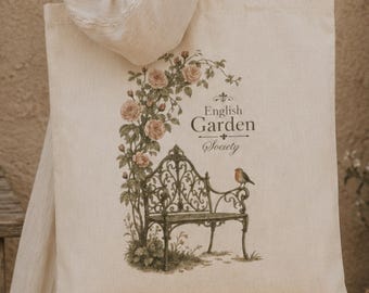 ヴィンテージガーデンベンチトートバッグ｜花柄のバラ、鳥のイラスト、植物プリント