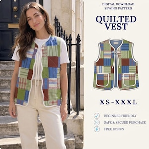 Patrón de costura en PDF para chaleco acolchado ondulado / Chaleco patchwork para principiantes / Patrón para mujer / Patrón de costura para chaqueta / Tallas XS-XXXL / Descarga instantánea