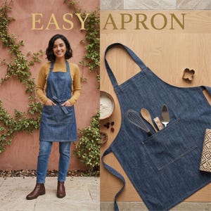 May include: A blue denim apron featuring a neck loop, waist ties, and a large front pocket. The apron is displayed flat with a whisk, wooden spoon, and metal spatula inside the pocket, and also shown worn over a mustard yellow long-sleeve shirt.