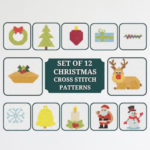 May include: A set of 12 Christmas cross stitch patterns featuring pixelated icons including a wreath, tree, ornament, gift, lights, pie, reindeer, snowflake, bell, candle, Santa Claus, and a snowman, with the text SET OF 12 CHRISTMAS CROSS STITCH PATTERNS.
