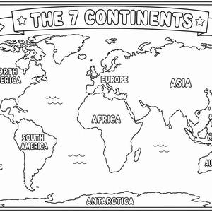 Puede incluir: Una página para colorear en blanco y negro que muestra un mapa mundial con el texto THE 7 CONTINENTS en la parte superior. El mapa etiqueta América del Norte, América del Sur, Europa, África, Asia, Australia y la Antártida, e incluye una brújula.