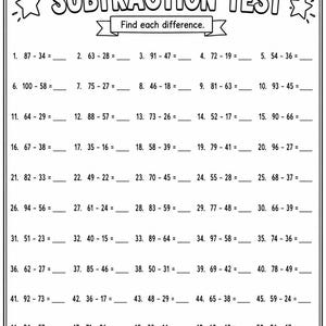 May include: A black and white printable subtraction test worksheet featuring the title SUBTRACTION TEST, a prompt to Find each difference, and fifty numbered math problems with blank lines for answers, plus Name and Date fields at the top.