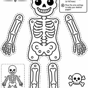 May include: A black and white printable skeleton puppet craft sheet featuring a skull, torso, arms, and legs with dashed cutting lines. Includes text: Skeleton Puppet, Color Cut Hook Play, Instructions, Finished Puppet, and the word Boo.