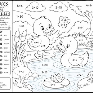 May include: A black and white colour-by-number worksheet featuring two ducks by a pond, a butterfly, flowers, and a tree. The left side displays a colour key with multiplication problems ranging from 6 to 60, instructing to solve and colour the picture.