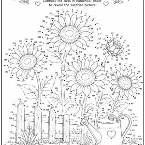 May include: A black and white connect-the-dots activity sheet titled Connect the Dots! featuring four sunflowers, a wooden picket fence, and a watering can with a heart design. The page includes numbered dots to reveal the surprise picture.