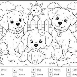 May include: A black and white paint-by-number coloring page featuring three puppies, a ball, a bone, a sun, and a fence. The bottom section includes a color key with numbers 1 through 10 corresponding to colors including white, pink, blue, yellow, light pink, tan, brown, green, black, and gray.