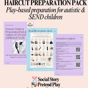 Può includere: Un pacchetto digitale di preparazione al taglio di capelli per bambini con tre pagine di testo e illustrazioni. Le pagine includono titoli come Haircut Preparation Pack, Sensory Haircut Preparation Pack, My Haircut Story e Sounds to Explore con codici QR.