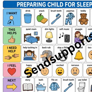 May include: A visual communication chart titled PREPARING CHILD FOR SLEEPING IN OWN BED, featuring rows of labeled icons categorized by I WANT, THIS HELPS, I NEED HELP, I FEEL, and NEXT. The grid includes illustrations of daily routines, emotions, and needs.