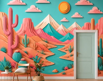 Southwest Desert Wallpaper, Colorful Cactus Landscape Wall Mural, Modern Peel and Stick Wallpaper, Retro Cactus Landscape Wallpaper