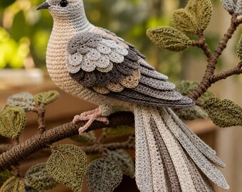 Realistische Häkelanleitung für eine Taube auf einem Ast, botanisches Amigurumi (PDF)