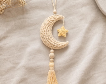 Crochet Moon Car Charm Pattern, Crescent Moon Rearview Mirror Hanging PDF, Star Ornament
