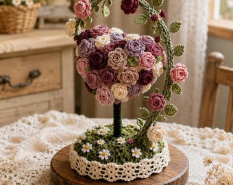 Häkelanleitung für ein Rosenherz-Topiary (PDF), florale Herzdekoration, Häkelanleitung für einen Rosenstrauß, anfängerfreundlich, sofortiger Download