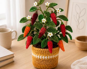 Häkelanleitung für eine Chilipflanze (PDF), Amigurumi-Gemüse-Dekoration für Zuhause (Digitaler Download)
