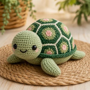 May include: A crocheted turtle toy with a light green head and limbs, featuring black plastic eyes and a stitched smile. The shell is constructed from hexagonal motifs in shades of dark green, light green, and pink, outlined in white yarn.