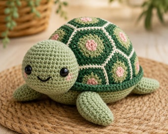 Häkelschildkröte Amigurumi Muster, Floral Muschel Plüsch PDF Spielzeug, Anfänger Stofftier