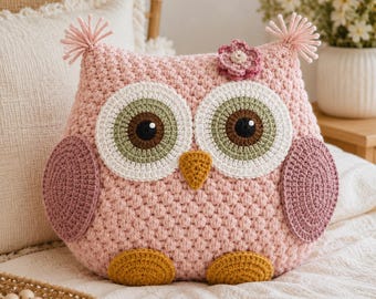 Häkelanleitung für ein rosa Eulenkissen, Amigurumi-Kissen (PDF), anfängerfreundliche Heimdekoration