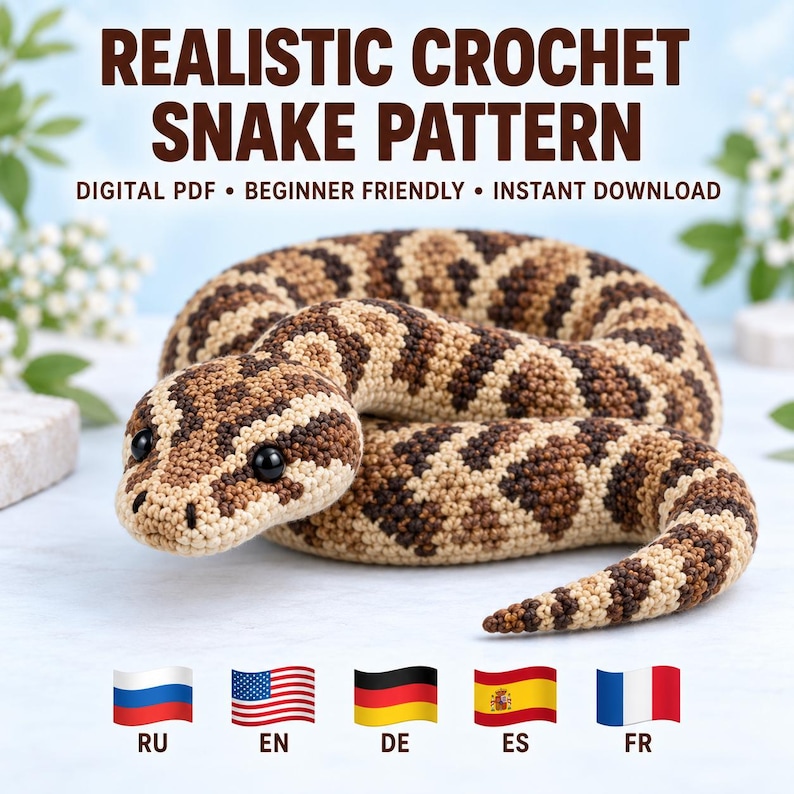 K&ouml;nnte beinhalten: Ein geh&auml;keltes Schlangenspielzeug mit einem Muster in Braun, Beige und Dunkelbraun sowie schwarzen Perlenaugen. Der Text dar&uuml;ber lautet REALISTIC CROCHET SNAKE PATTERN, DIGITAL PDF, BEGINNER FRIENDLY, INSTANT DOWNLOAD, mit f&uuml;nf kleinen Flaggen.