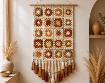 Grandma Square Wandbehang-Muster, Boho-Häkeldecke, Quasten-Muster (PDF Download)