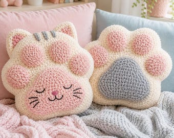 Häkelanleitung für ein Katzenpfotenkissen (PDF), Kawaii-Kätzchenkissen (Digitaler Download)