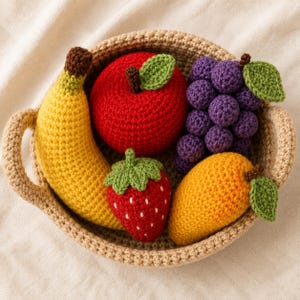 May include: A beige crocheted basket containing a collection of crocheted play food items including a yellow banana, a red apple with a green leaf, a cluster of purple grapes with a green leaf, a red strawberry, and an orange mango with a green leaf.