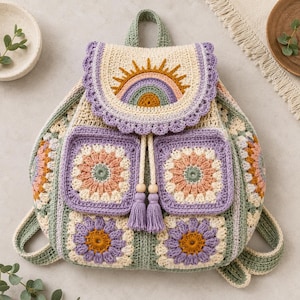 May include: A crochet backpack featuring a sun and rainbow motif on the flap, two front pockets with floral granny square patterns, and a drawstring closure with tassels. The bag is crafted in shades of cream, sage green, lavender, and mustard.