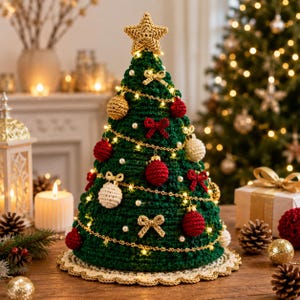 May include: A dark green crocheted Christmas tree decoration topped with a gold star. The tree is adorned with small red and cream crocheted ornaments, gold bows, white pearl-like beads, and thin gold string lights, resting on a scalloped base.