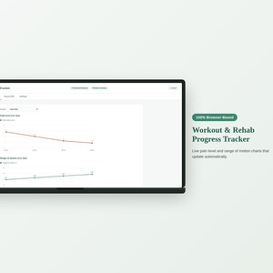 Può includere: Un'interfaccia digitale per un Workout & Rehab Progress Tracker visualizzata su uno schermo. La dashboard presenta grafici a linee che tracciano i livelli di dolore e l'ampiezza di movimento, con schede di navigazione e un'etichetta 100% browser-based.