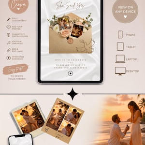 May include: An interactive digital wedding invitation template displayed on a tablet screen, featuring a kraft paper envelope with photos, a dove illustration, and text reading She Said Yes and Join Us To Celebrate The Marriage Of Katlyn Smith And Liam Harris.
